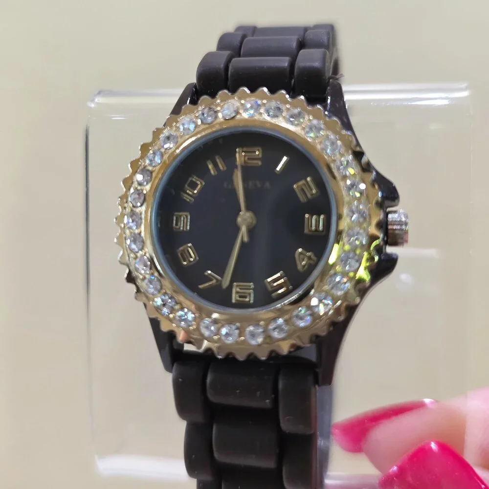 Geneva Women's Gold Brown Crystal Accent Wrist Watch Brown Silicone Band Works